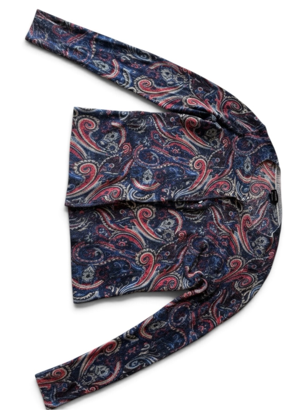 Talbots Classic Merino Wool Paisley Button Front Cardigan Sweater L Blue/Rose - Picture 3 of 13